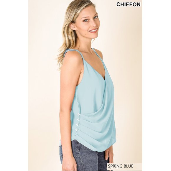 Spaghetti Strap Sleeveless Chiffon Top-Surplice Neck Side Buttons -Spring Blue - Picture 4 of 5